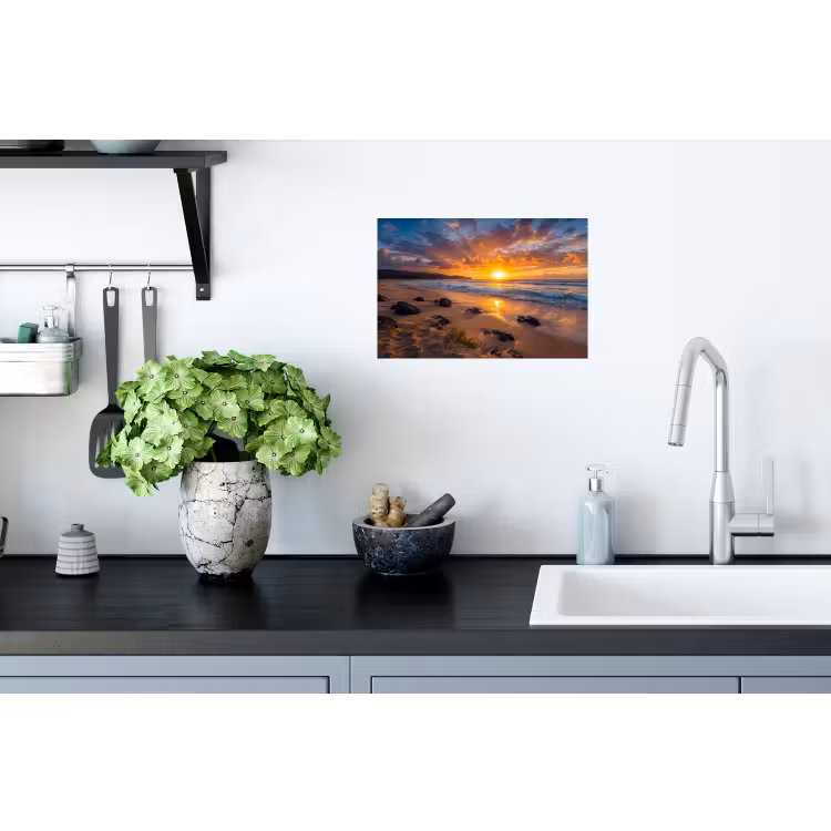 Strand - Zonsondergang - Golven - Natuur - Oranje Muursticker klein -keuken