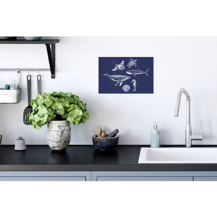 Dieren - Zeeleven - Oceaan - Graveren - Blauw Muursticker klein -keuken