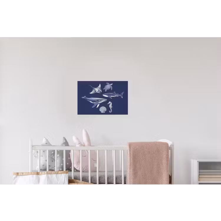 Dieren - Zeeleven - Oceaan - Graveren - Blauw Muursticker klein -kinderkamer