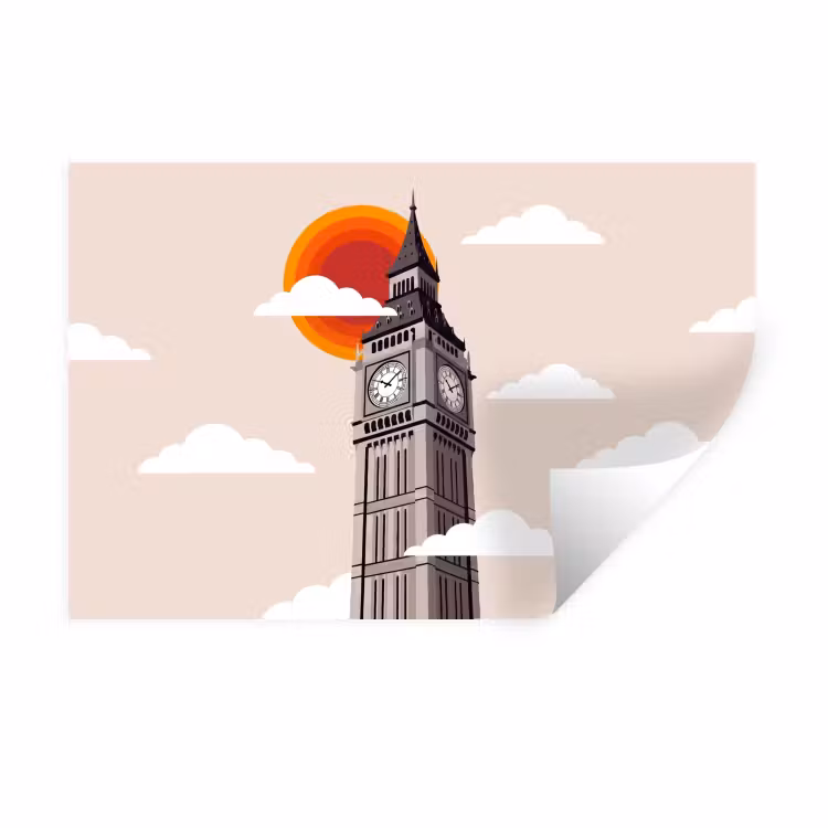 Toren - Klok - Londen - Architectuur - Retro Muursticker klein -3d