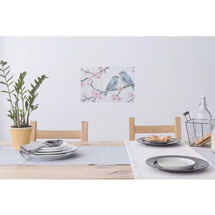 Vogel - Bloemen - Natuur - Mozaïek - Roze Muursticker klein -eettafel