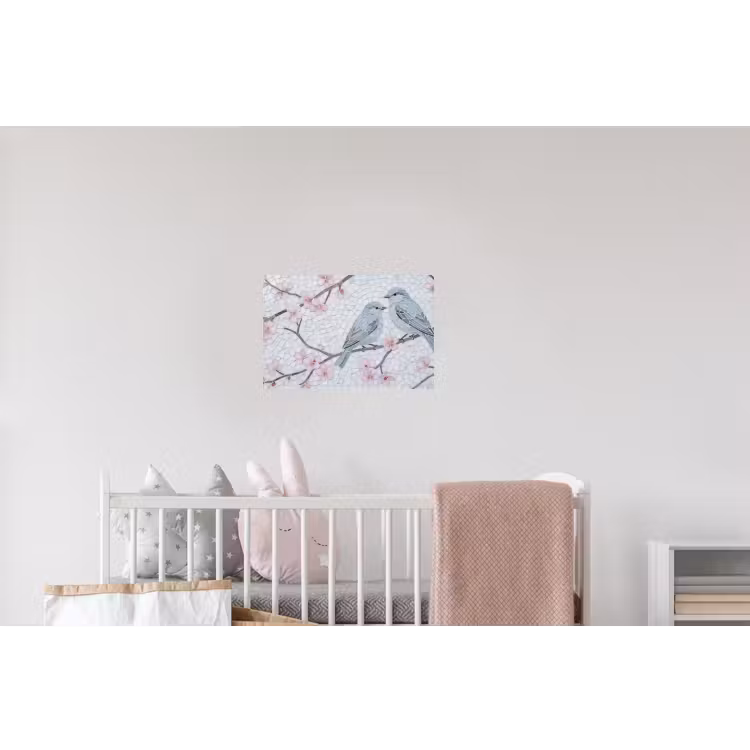 Vogel - Bloemen - Natuur - Mozaïek - Roze Muursticker klein -kinderkamer