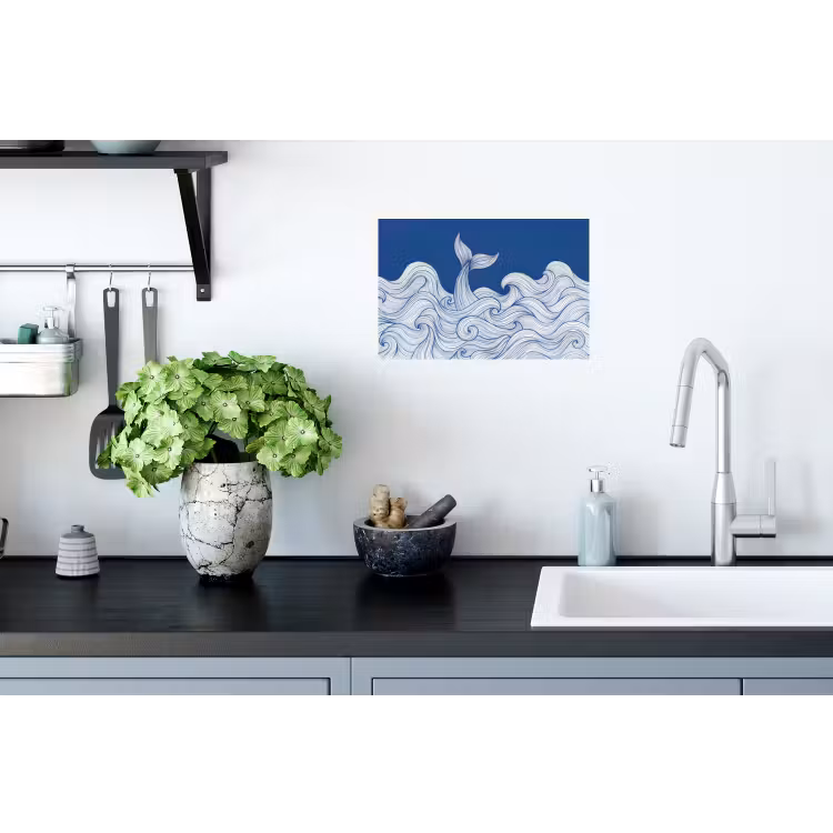 Walvis - Staart - Golven - Lijntekening - Blauw Muursticker klein -keuken