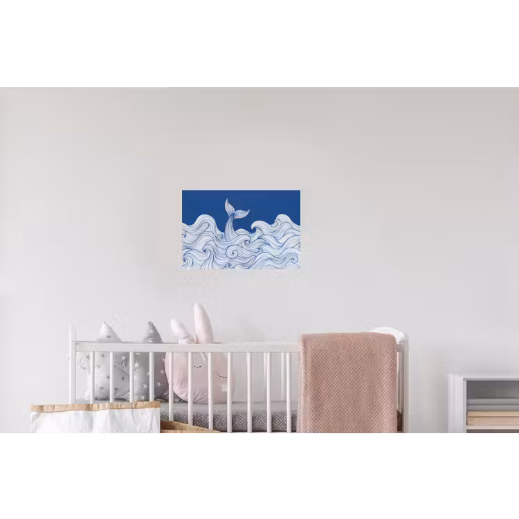 Walvis - Staart - Golven - Lijntekening - Blauw Muursticker klein -kinderkamer