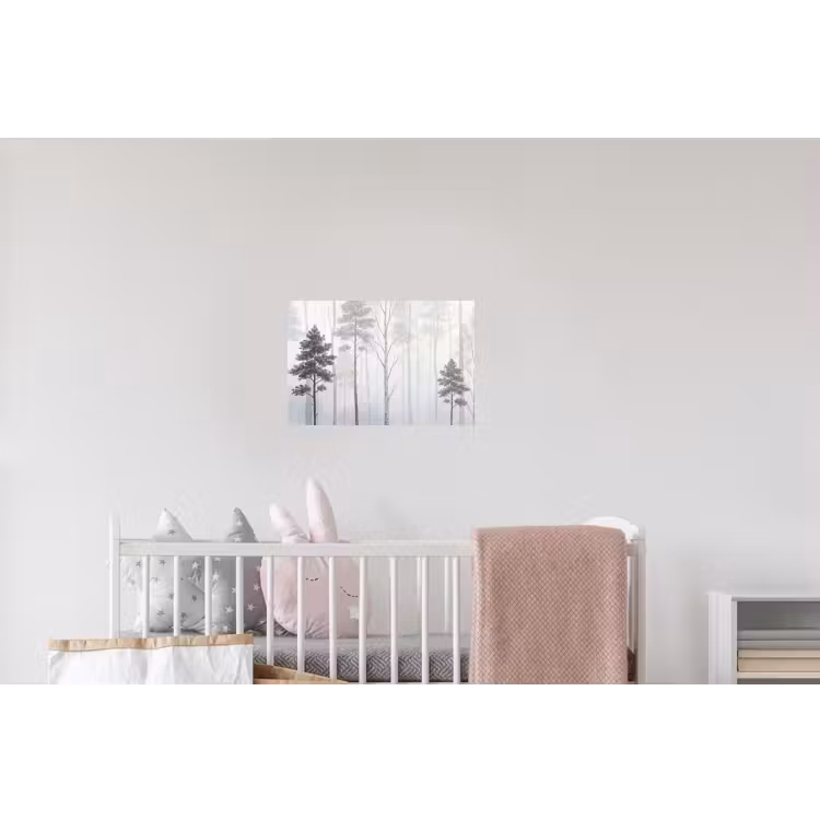Bos - Bomen - Mist - Natuur - Illustratie - Grijs Muursticker klein -kinderkamer