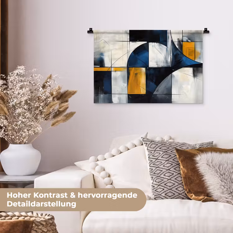Abstract - Vormen - Goud - Blauw - Geometrisch Wandkleed katoen klein -tsfeer1_DE