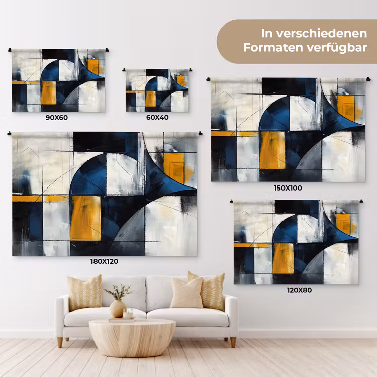 Abstract - Vormen - Goud - Blauw - Geometrisch Wandkleed katoen klein -tsfeer8_DE