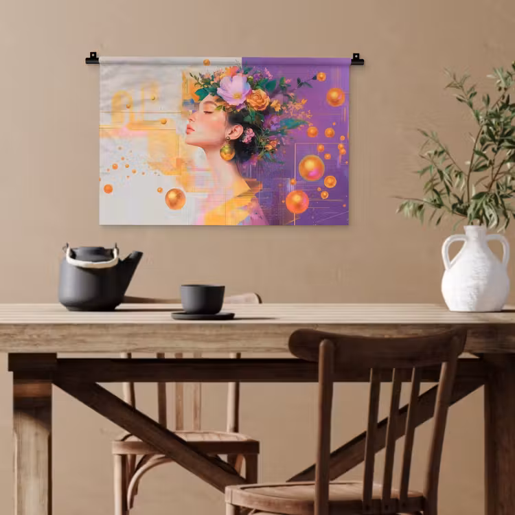Abstract - Vrouw - Bloemenkroon - Goud Wandkleed katoen klein -sfeer6