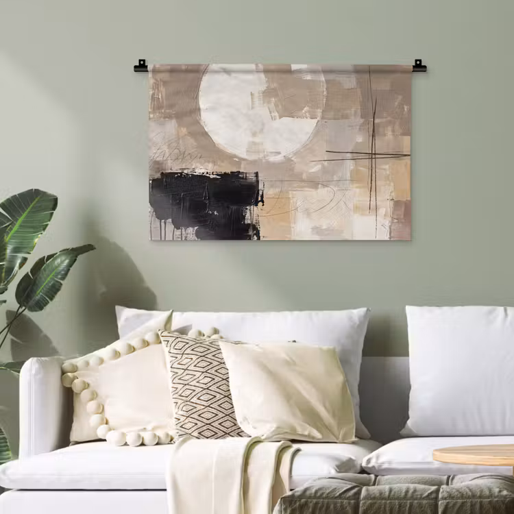Abstract - Cirkel - Modern - Beige - Zwart - Minimalistisch Wandkleed katoen klein -sfeer7