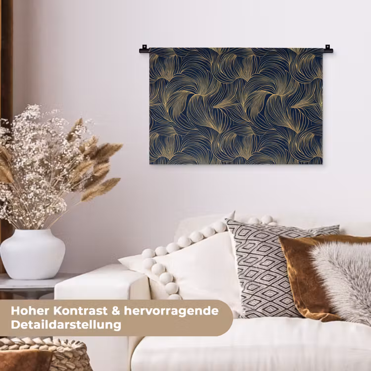 Abstract - Lijnen - Blauw - Goud Wandkleed katoen klein 269 -tsfeer1_DE