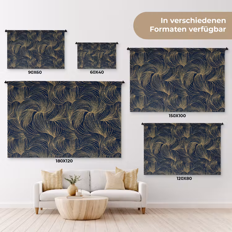 Abstract - Lijnen - Blauw - Goud Wandkleed katoen klein 269 -tsfeer8_DE
