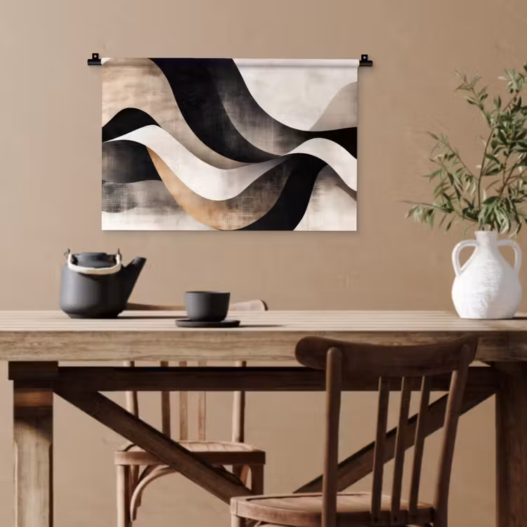 Abstract - Golven - Zwart - Verweerd Wandkleed katoen klein -sfeer6