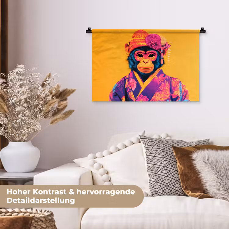 Aap - Kimono - Bloemen - Hoofdtooi Wandkleed katoen klein -tsfeer1_DE