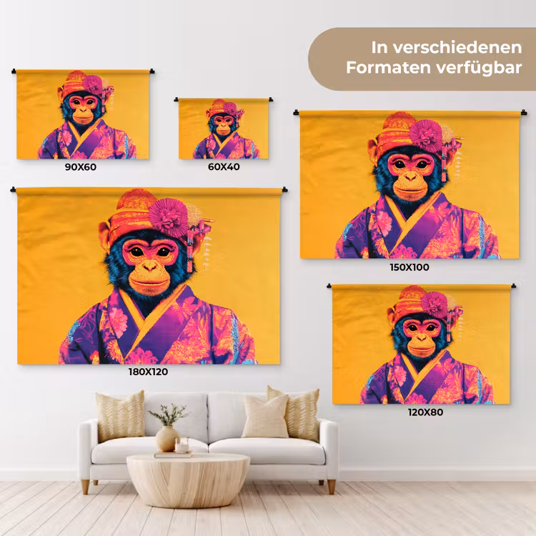 Aap - Kimono - Bloemen - Hoofdtooi Wandkleed katoen klein -tsfeer8_DE