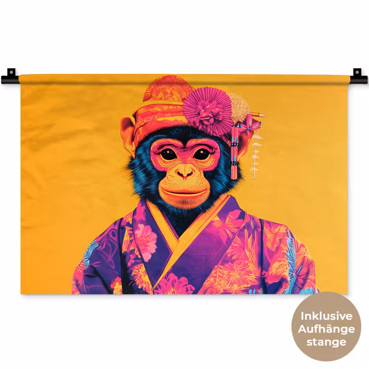 Aap - Kimono - Bloemen - Hoofdtooi Wandkleed katoen klein -t3d_DE