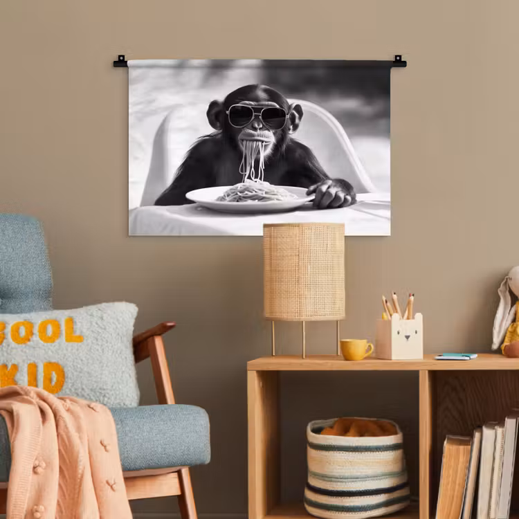 Aap - Spaghetti - Zonnebril - Zwart wit - Cool - Dier Wandkleed katoen klein -wsfeer4_kind