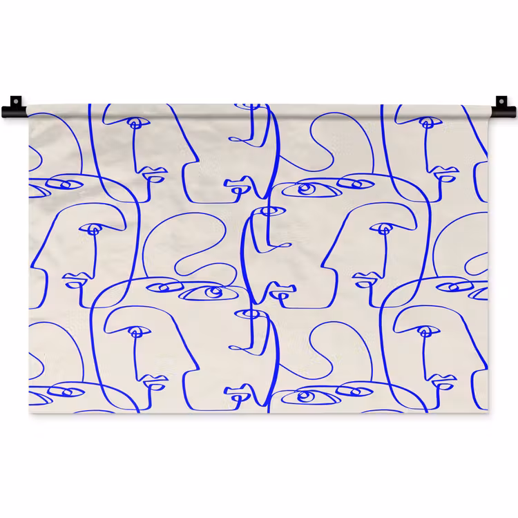 Gezicht - Blauw - Lijnen - Beige Wandkleed katoen klein 269 -zz3d