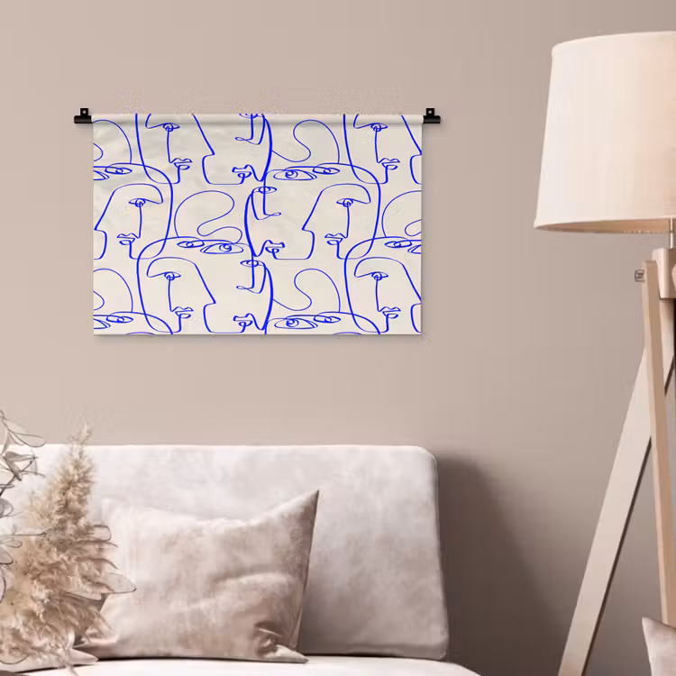 Gezicht - Blauw - Lijnen - Beige Wandkleed katoen klein 269 -sfeer4