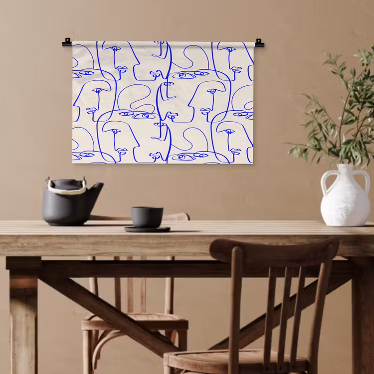 Gezicht - Blauw - Lijnen - Beige Wandkleed katoen klein 269 -sfeer6