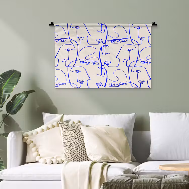 Gezicht - Blauw - Lijnen - Beige Wandkleed katoen klein 269 -sfeer7