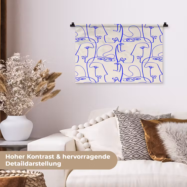 Gezicht - Blauw - Lijnen - Beige Wandkleed katoen klein 269 -tsfeer1_DE