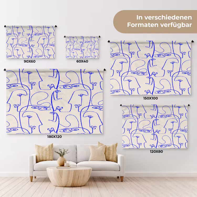 Gezicht - Blauw - Lijnen - Beige Wandkleed katoen klein 269 -tsfeer8_DE
