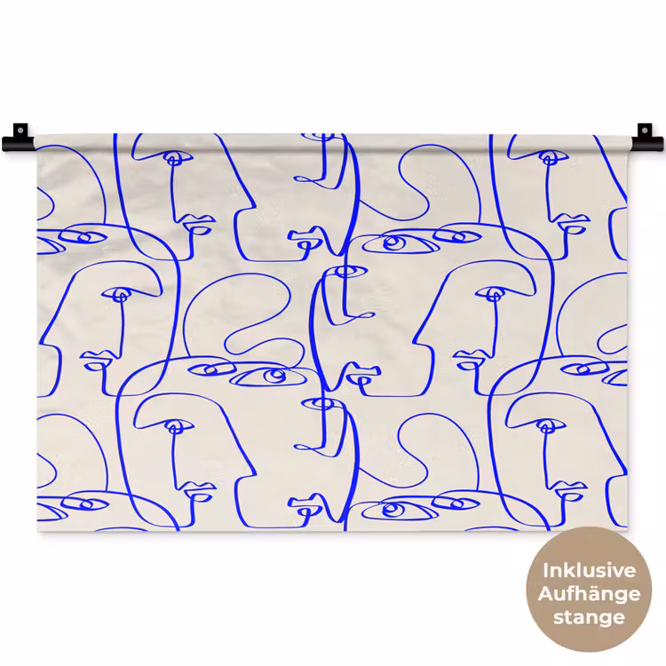 Gezicht - Blauw - Lijnen - Beige Wandkleed katoen klein 269 -t3d_DE