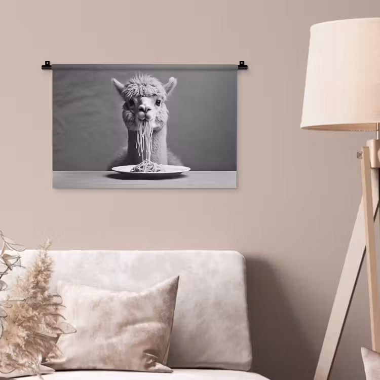 Alpaca - Pasta - Zwart - Wit - Grappig - Dieren Wandkleed katoen klein -sfeer4