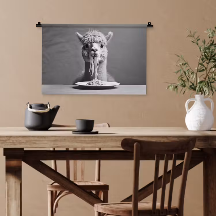 Alpaca - Pasta - Zwart - Wit - Grappig - Dieren Wandkleed katoen klein -sfeer6