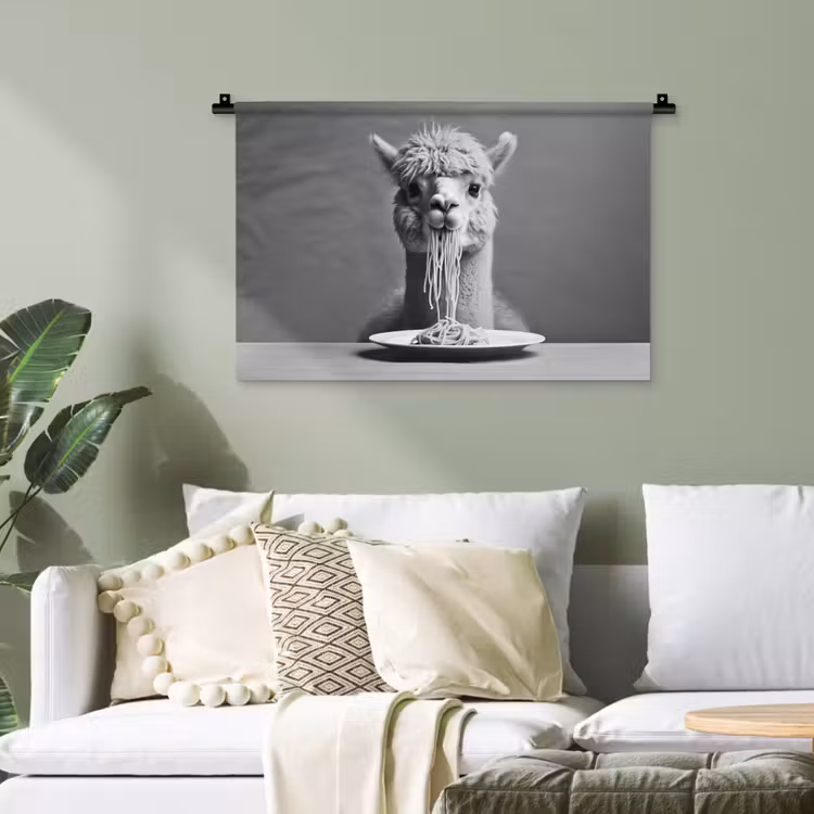 Alpaca - Pasta - Zwart - Wit - Grappig - Dieren Wandkleed katoen klein -sfeer7