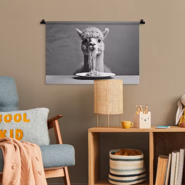 Alpaca - Pasta - Zwart - Wit - Grappig - Dieren Wandkleed katoen klein -wsfeer4_kind