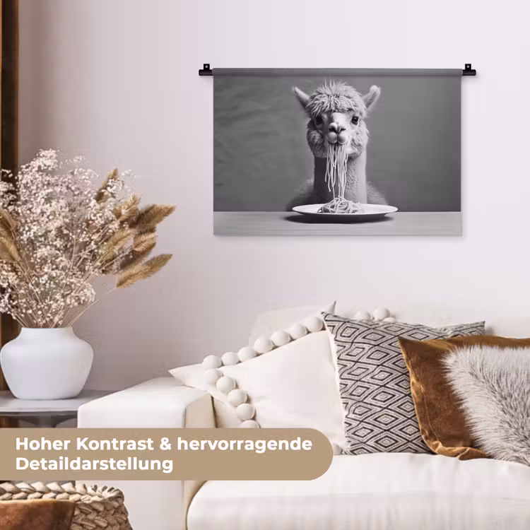 Alpaca - Pasta - Zwart - Wit - Grappig - Dieren Wandkleed katoen klein -tsfeer1_DE