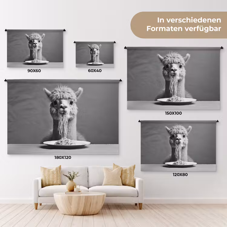 Alpaca - Pasta - Zwart - Wit - Grappig - Dieren Wandkleed katoen klein -tsfeer8_DE