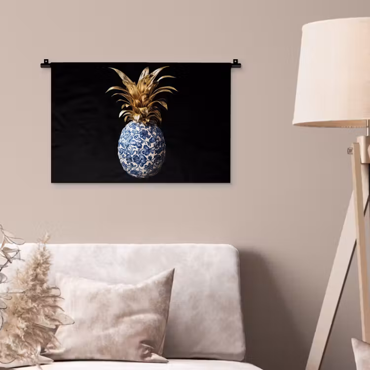 Ananas - Bloemen patroon - Goud - Delftsblauw Wandkleed katoen klein -sfeer4