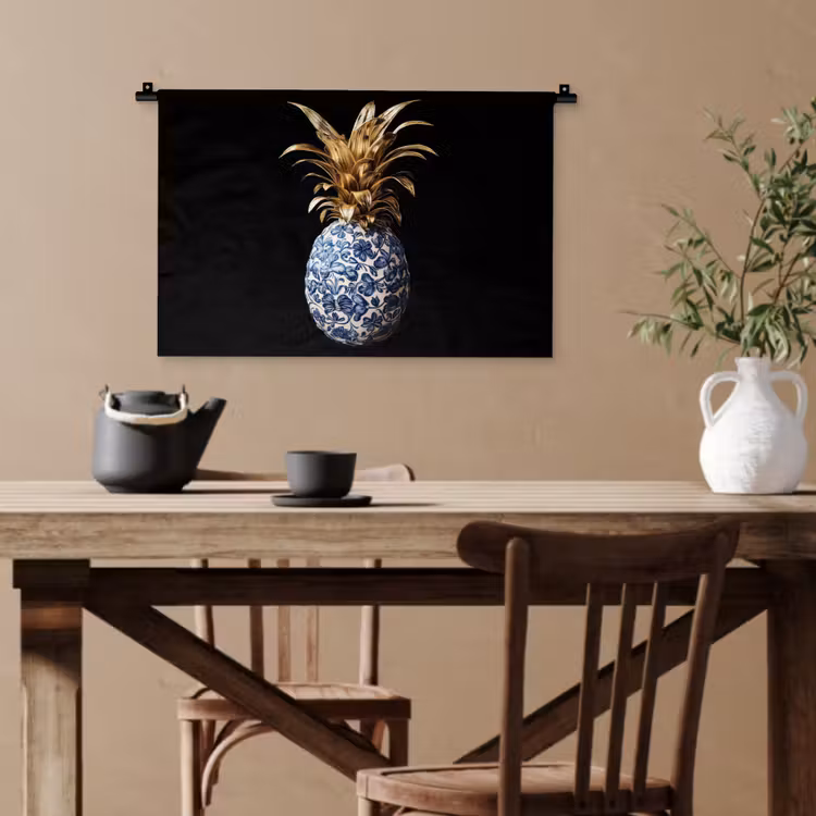 Ananas - Bloemen patroon - Goud - Delftsblauw Wandkleed katoen klein -sfeer6