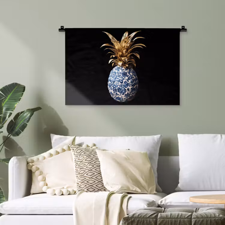 Ananas - Bloemen patroon - Goud - Delftsblauw Wandkleed katoen klein -sfeer7
