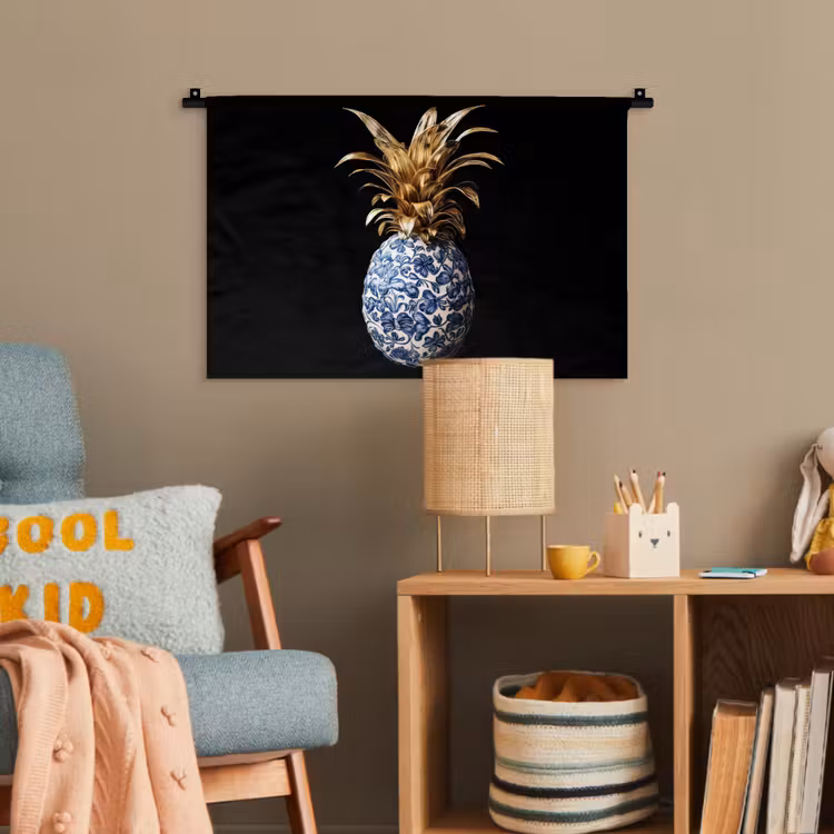 Ananas - Bloemen patroon - Goud - Delftsblauw Wandkleed katoen klein -wsfeer4_kind