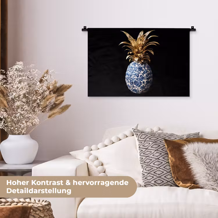 Ananas - Bloemen patroon - Goud - Delftsblauw Wandkleed katoen klein -tsfeer1_DE