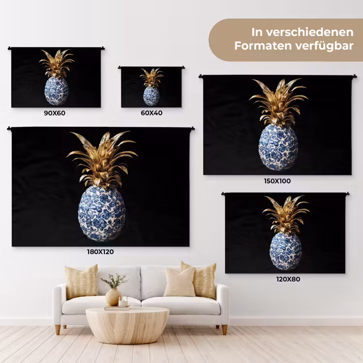 Ananas - Bloemen patroon - Goud - Delftsblauw Wandkleed katoen klein -tsfeer8_DE