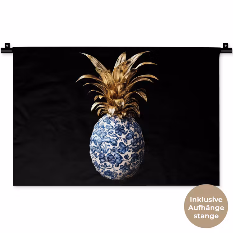 Ananas - Bloemen patroon - Goud - Delftsblauw Wandkleed katoen klein -t3d_DE