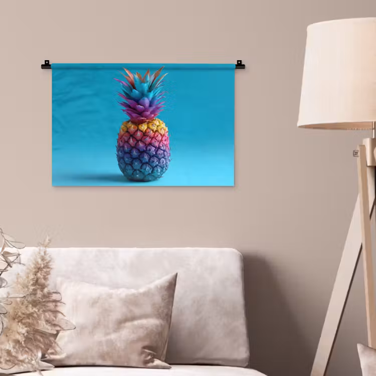 Ananas - Regenboog - Blauw - Popart Wandkleed katoen klein -sfeer4