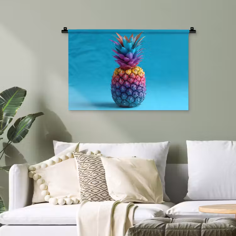 Ananas - Regenboog - Blauw - Popart Wandkleed katoen klein -sfeer7