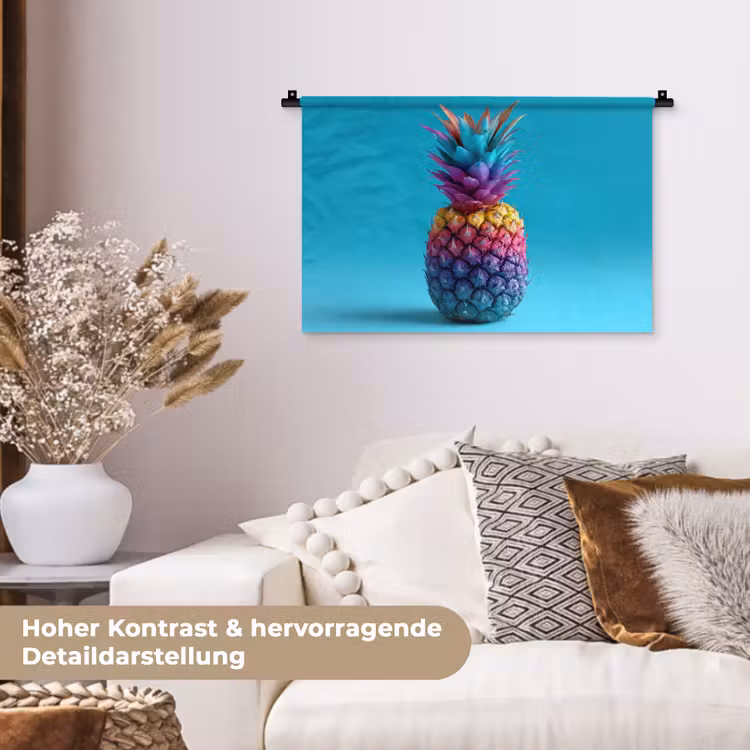 Ananas - Regenboog - Blauw - Popart Wandkleed katoen klein -tsfeer1_DE