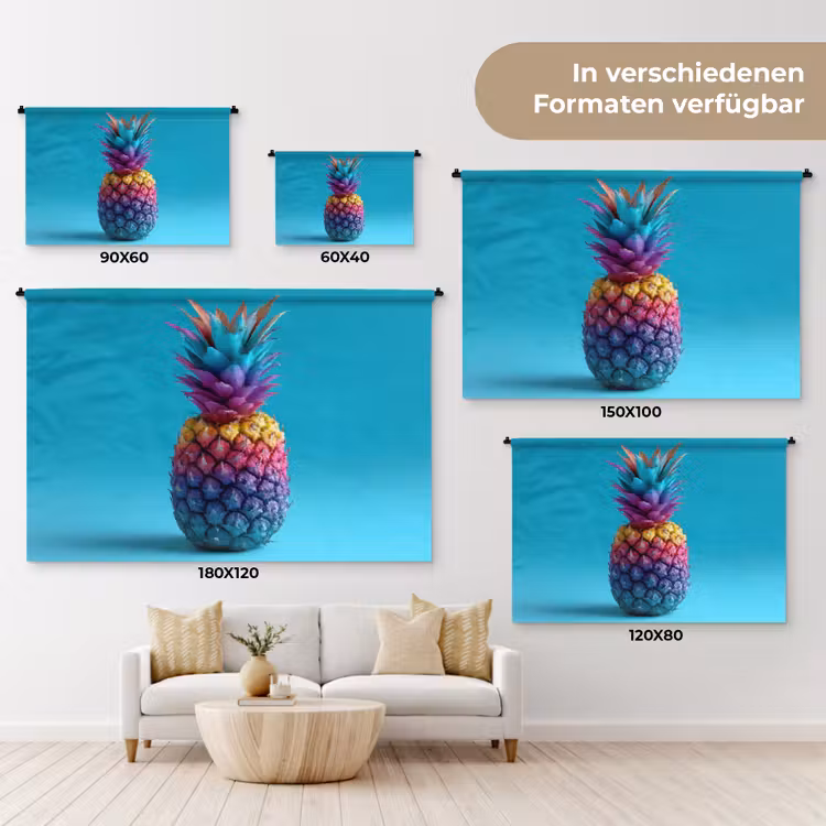 Ananas - Regenboog - Blauw - Popart Wandkleed katoen klein -tsfeer8_DE