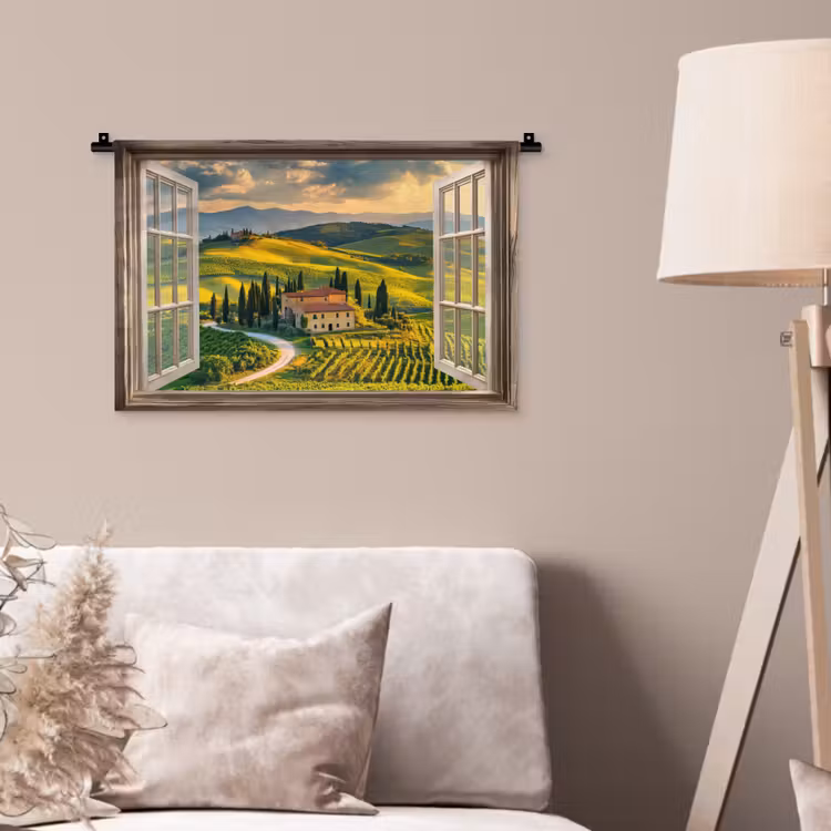 Doorkijk - Toscane - Uitzicht - Landschap - Zomer Wandkleed katoen klein -sfeer4