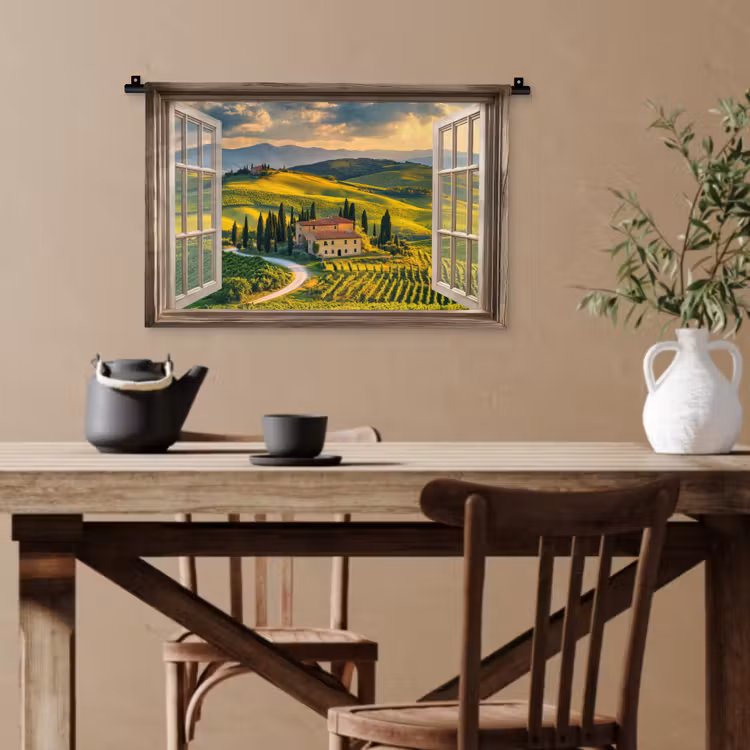 Doorkijk - Toscane - Uitzicht - Landschap - Zomer Wandkleed katoen klein -sfeer6