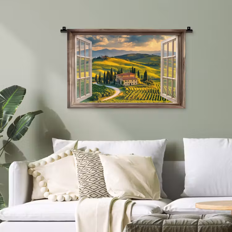 Doorkijk - Toscane - Uitzicht - Landschap - Zomer Wandkleed katoen klein -sfeer7