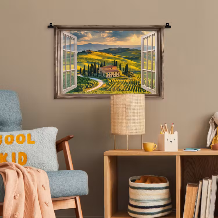 Doorkijk - Toscane - Uitzicht - Landschap - Zomer Wandkleed katoen klein -wsfeer4_kind