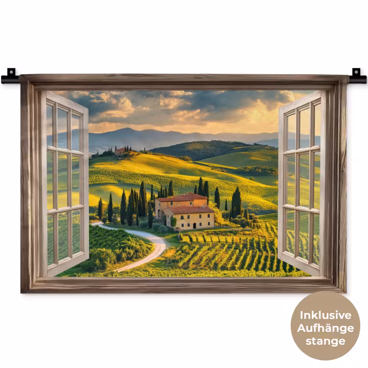 Doorkijk - Toscane - Uitzicht - Landschap - Zomer Wandkleed katoen klein -t3d_DE