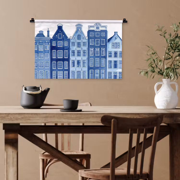 Aquarel - Grachtenpanden - Delfts - Blauw Wandkleed katoen klein -sfeer6